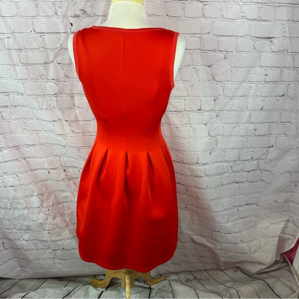 ann taylor bright red fit and flair pleated midi dress sz 0 sleeveless office - Picture 3 of 10